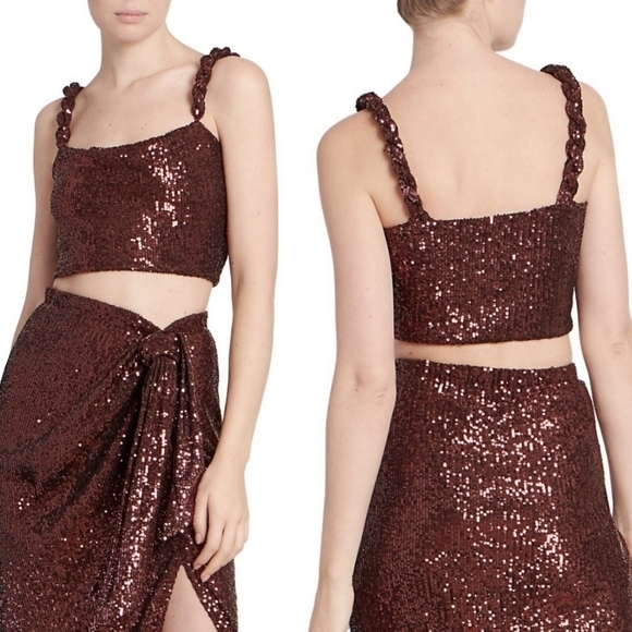 New Balmain Sequin Square Neckline Twisted Strap Brown Cropped Tank Top 12 US - Picture 3 of 17